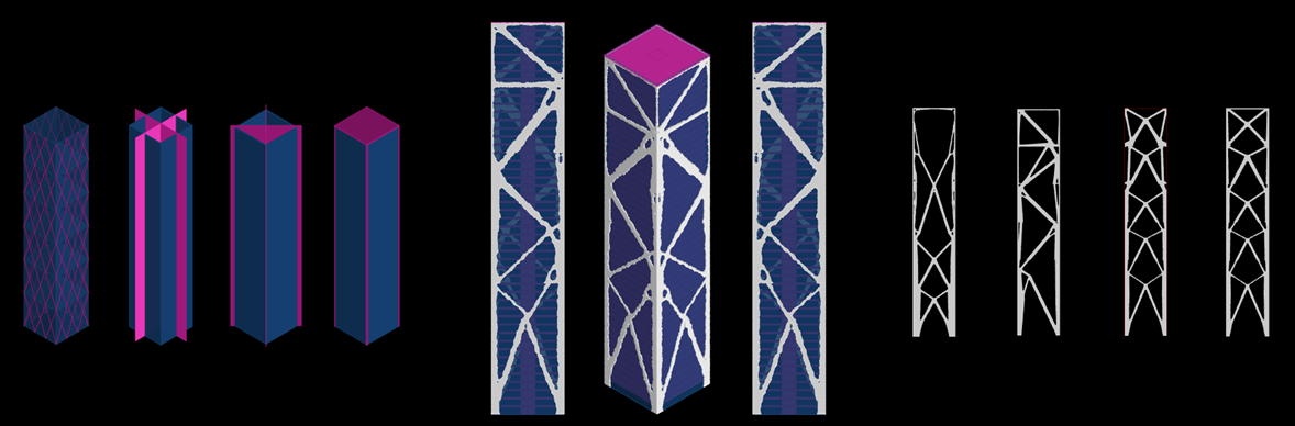 Montage of the BESOLOGY workflow, structural optimization results, and final tower concept