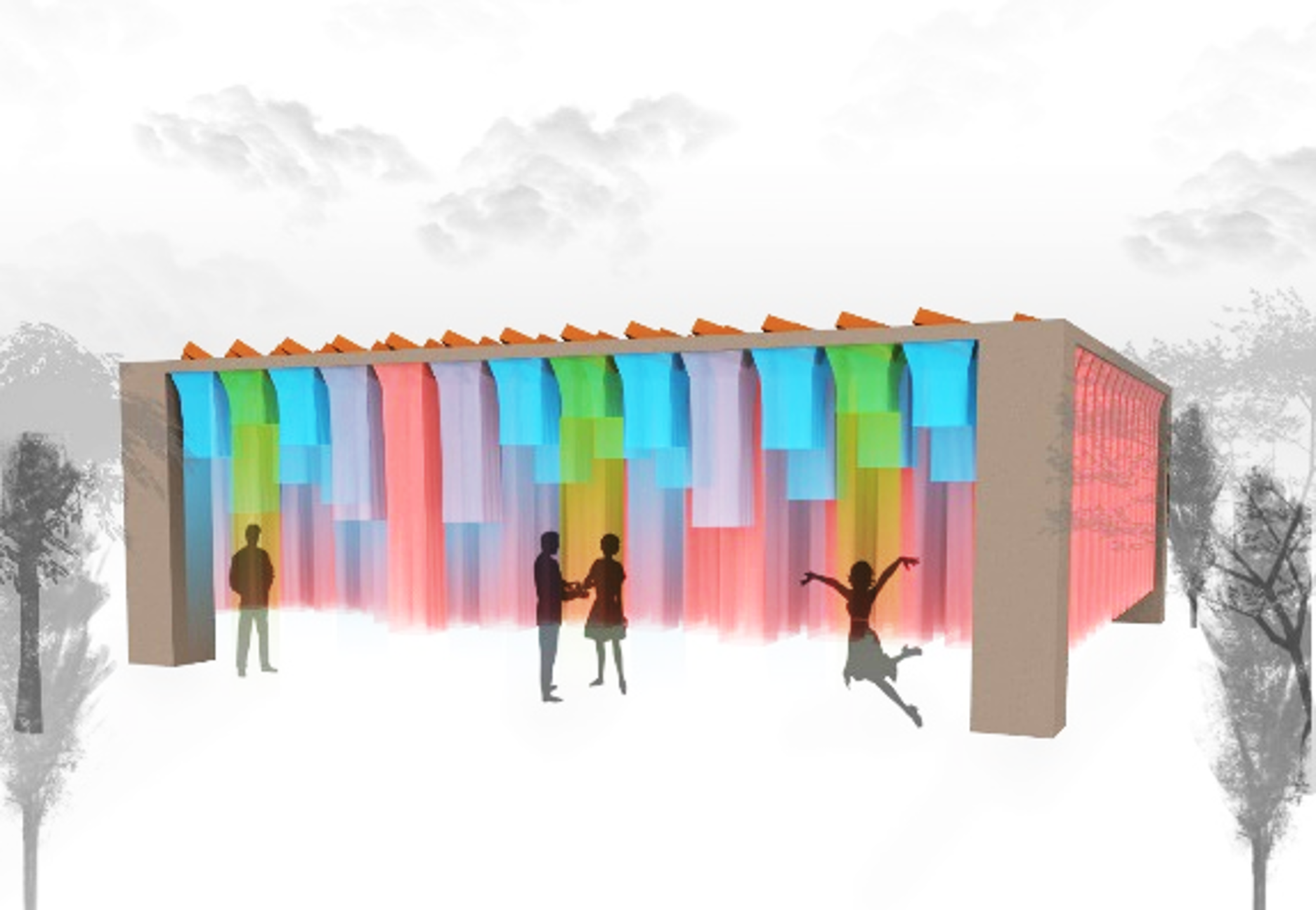 Final pavilion render showing hanging RGB fabric layers creating a colored interior atmosphere